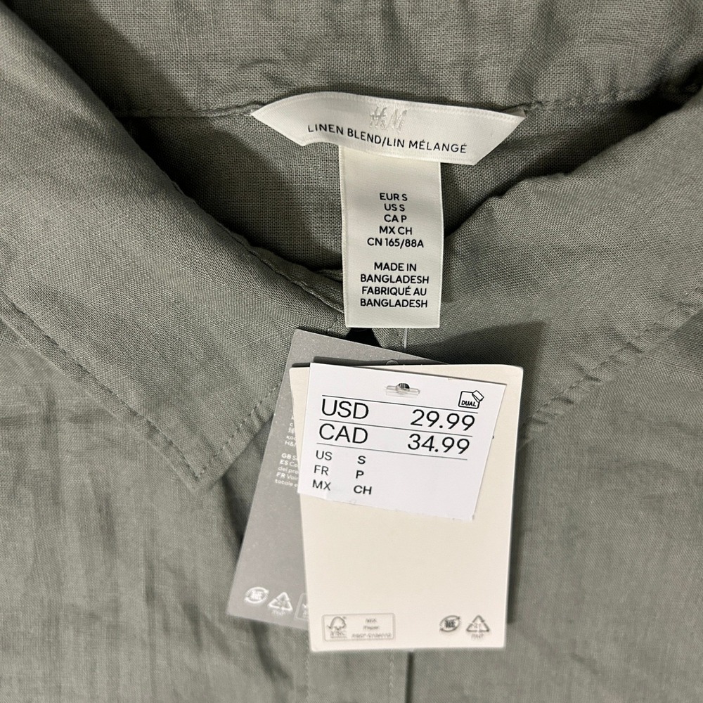 H&M Button Down Shirt Womens Small Green Linen Blend Melange Long Sleeve - Picture 4 of 7